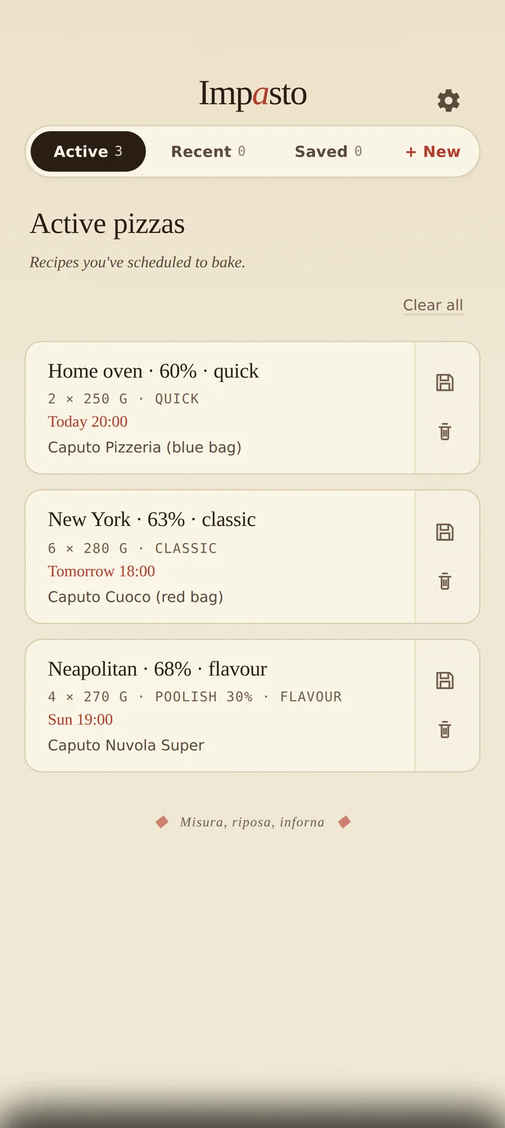 Active pizzas list